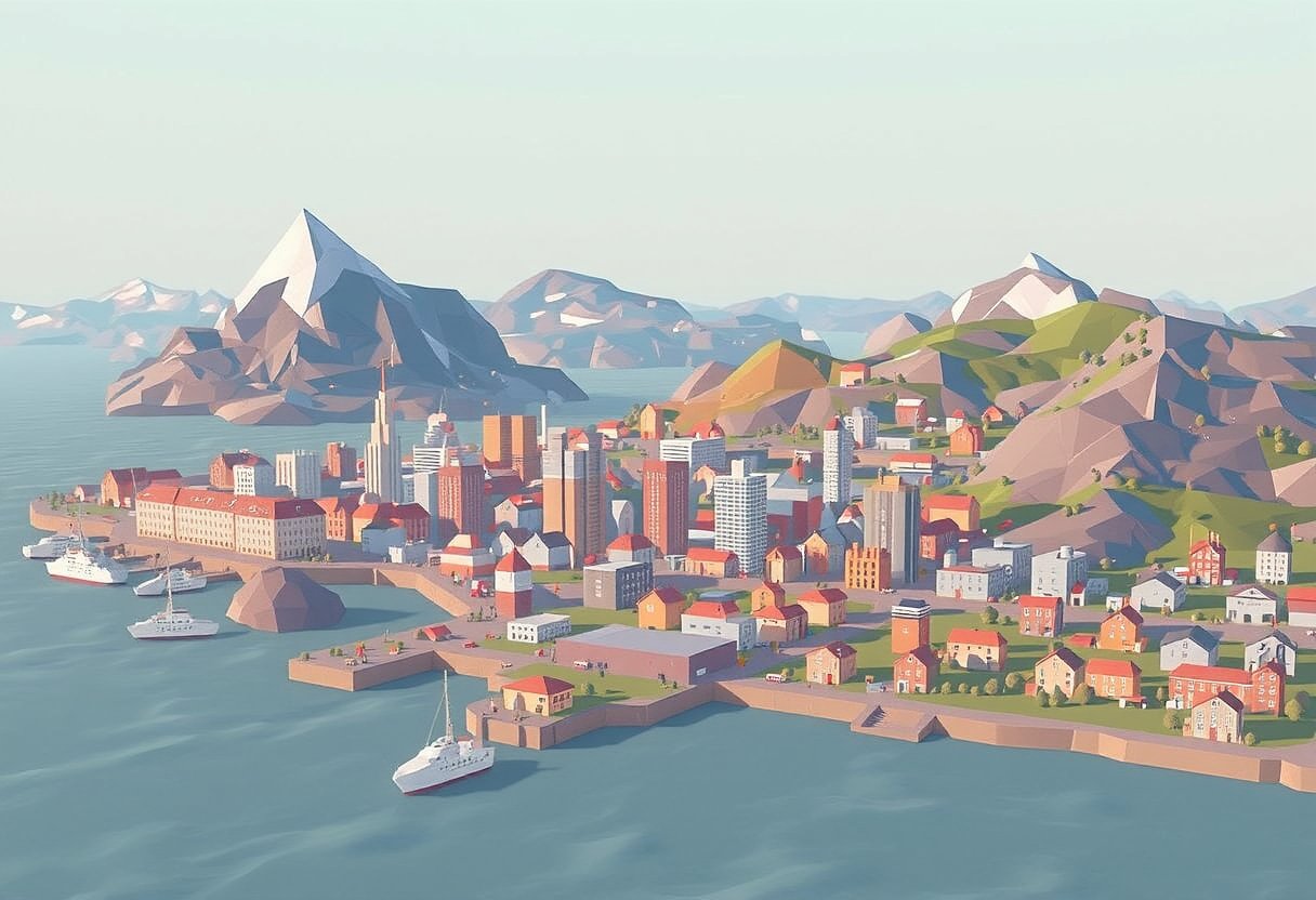 lo-ply_ a low-poly render ofa city between ocean and mountains