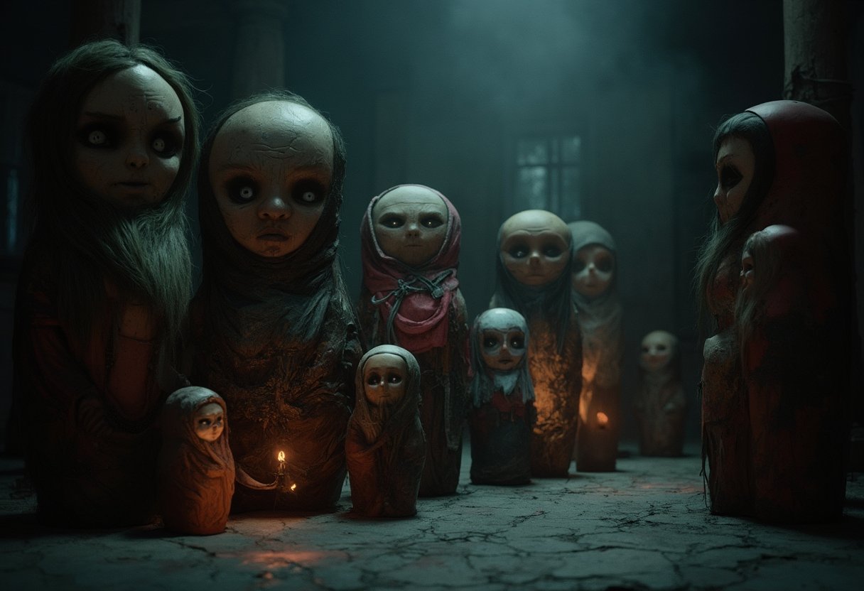 An eerie assembly of haunting dolls in a dimly lit setting