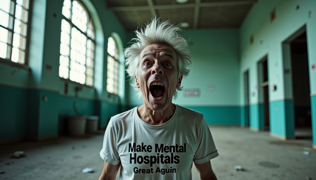 a photo of SteffN man, close up shot: a Crazy looking person "SteffN" with wierd wild hair standing up in the air, 3 days old stubbles weird looking person wearing a white hospital dress with a shirt with the words "Make Mental Hospitals Great Again" The image features SteffN with a highly expressive and animated facial expression screaming crazy, laughing, crying INSANE. SteffN GREY WHITE hair is wild and unkempt hair STATIC ELECTRICAL STANDING UP IN THE AIR, he is dirty in the face, hobo, homeless, SteffN LOOK IN TO THE CAMERA  INSANE,

scene: Create a hauntingly beautiful AIgenerated image of an abandoned interior space. The room is a large, openplan room with high ceilings and large, arched windows that allow moonlight to stream in, casting long shadows across the floor. The walls are painted in a faded teal, and the floor is covered in a layer of dust and debris. In the center of the room, there is a dilapidated wheelchair, its metal frame rusting and the wheels missing. The room is filled with a sense of neglect and decay, but there is also a certain beauty in the way the moon light plays through the space, highlighting textures and creating a mysterious atmosphere. eerie, volumetric moonlight through windows, ghostly shodows in the corners and in the shadows od the room,