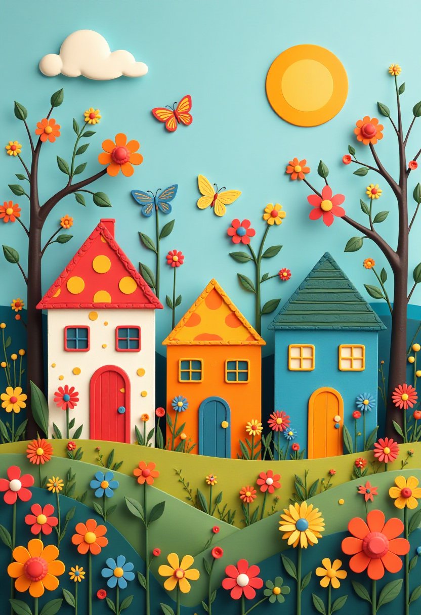 Colorful Houses and Butterflies in a Spring Garden