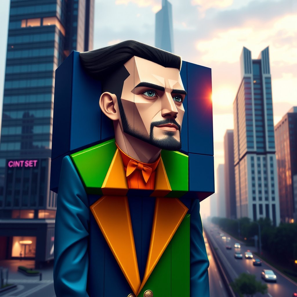 Title: "VincentD in Cubism"

Create a highly detailed digital artwork that portrays VincentD in an imaginative and fantastical manner. The central focus of the image is VincentD, uniquely characterized with a cube-shaped body that defies the usual human anatomy, evoking a sense of modern surrealism. The colors of VincentD's attire are vibrant, with a palette dominated by deep blues, lush greens, and accents of bright orange, which contrast harmoniously against the geometric form.

The artistic style is a contemporary take on Cubism, reminiscent of early 20th-century pioneers like Picasso, with bold outlines and fragmented perspectives. VincentD's facial features are elongated and abstractly positioned to fit cohesively within the cube form, adding a touch of whimsy and intellectual curiosity. 

In the background, a softly blurred cityscape with hints of a futuristic setting enhances the modern art theme, with an emphasis on tall, angular buildings under a dusk-lit sky, casting long shadows. The lighting is dynamic, emanating a warm, golden glow that highlights VincentD's cube form, casting striking geometric shadows on the ground.

Framing the image, intricate patterns of light and shadow interplay, creating depth and texture, while soft focus is used around the edges to draw the eye inward