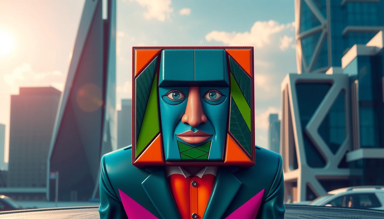 , Title: "VincentD in Cubism"

Create a highly detailed digital artwork that portrays VincentD in an imaginative and fantastical manner, embodying the essence of modern surrealism. The central focus is on VincentD, whose form is reimagined as a cube-shaped body that challenges conventional human anatomy. This depiction is visually striking, with the cube form presenting a blend of smooth and angular surfaces. The attire of VincentD is rendered in vibrant hues, featuring a rich palette of deep blues and lush greens, punctuated with bright orange accents that illuminate and highlight the geometric structure.

The artistic style mirrors a contemporary interpretation of Cubism, echoing the fragmented perspectives and bold outlines of early 20th-century artists like Picasso. VincentD's facial features, elongated and abstractly aligned, are integrated seamlessly into the cube, bringing a playful yet intellectually engaging character to the image.

In the background resides a softly blurred cityscape, suggestive of a futuristic environment with sleek, towering structures. These angular buildings contribute to the modern art feel and are set against a sky at the edge of dusk, enveloped in tones of deep purple and soft pink. This environment casts elongated, dramatic shadows that interlace with the geometric forms within the artwork.

The lighting is vibrant and dynamic, bathing