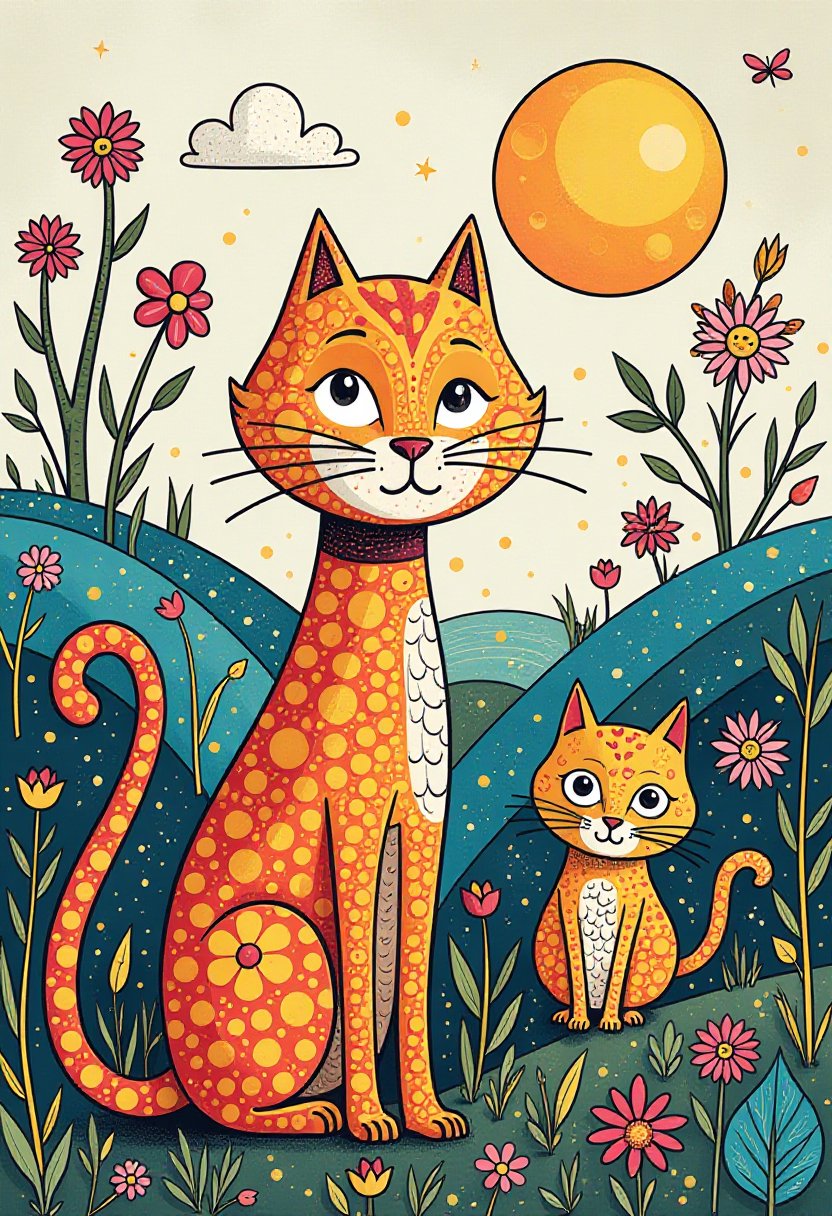 Whimsical Cats in a Floral Landscape