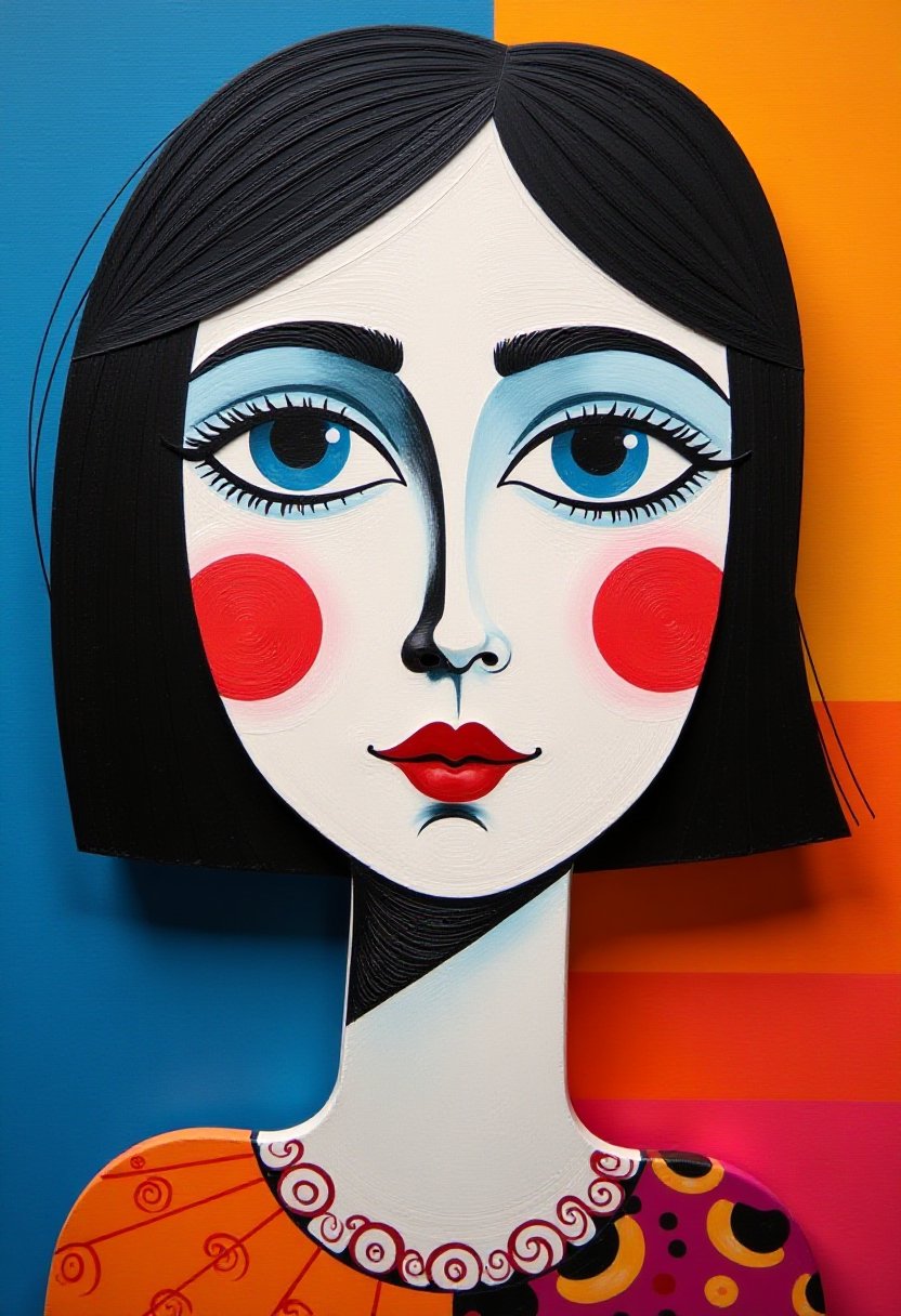 Vibrant and Whimsical Portrait of a Lady with Blue Eyes and Red Cheeks