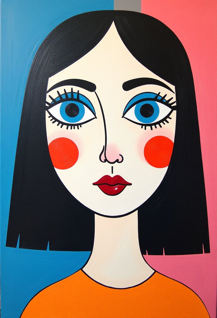 Vibrant Portrayal of a Woman with Blue Eyes and Red Cheeks