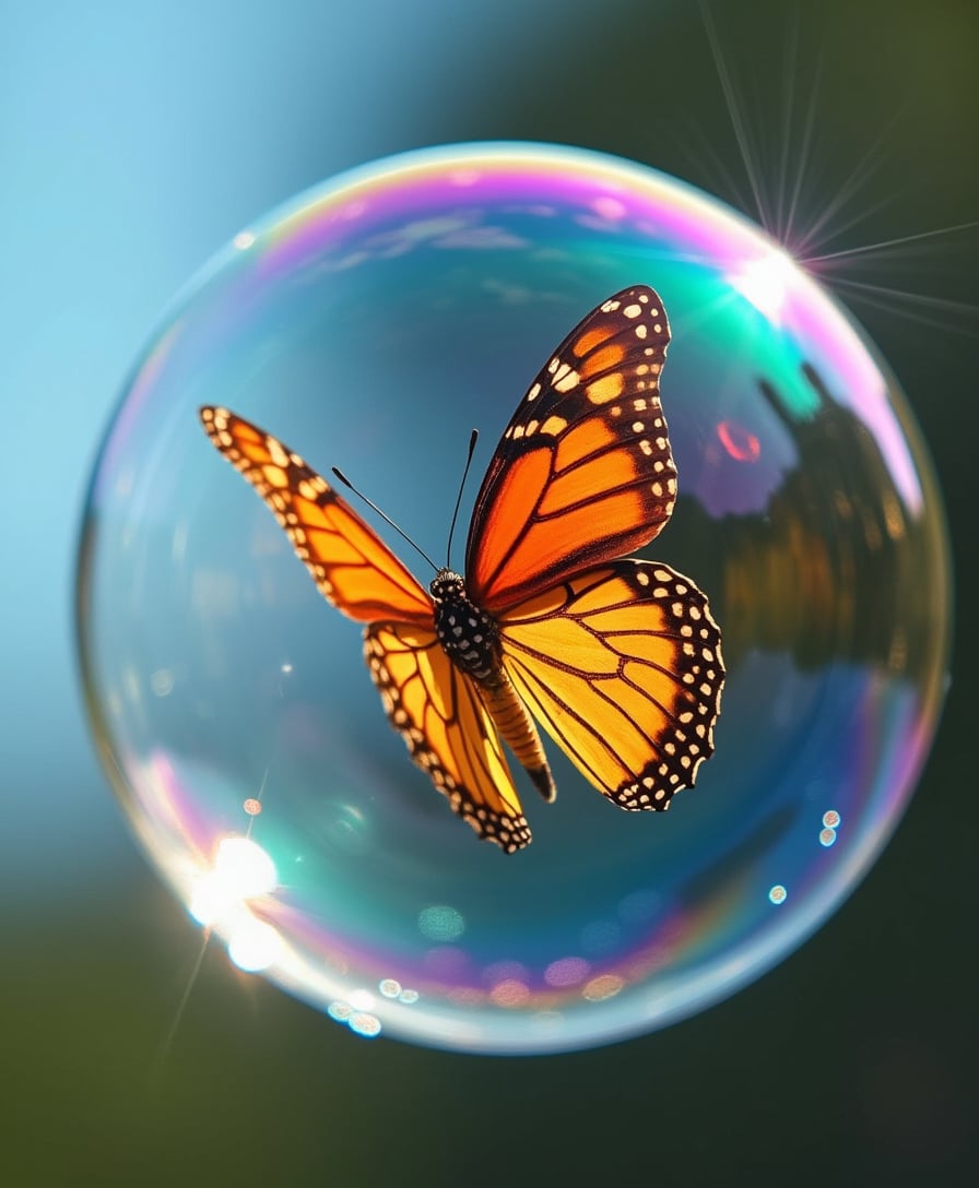 close up soap bubble in air, inside the soap bubble flying a butterfly, soap bubble is shining colorful in sunlight, blurred background with blue sky, bokeh