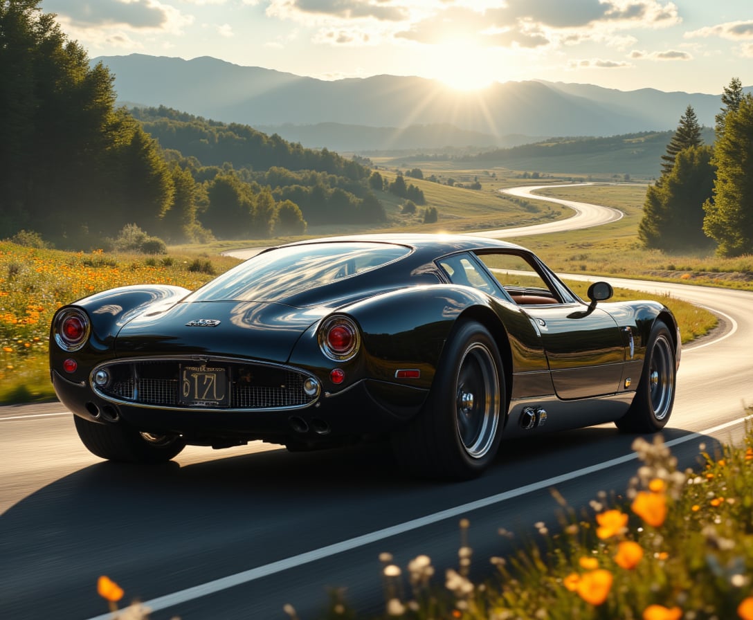 Sporty Black Convertible Car Driving on Curvy Road in Sunny Mountainside