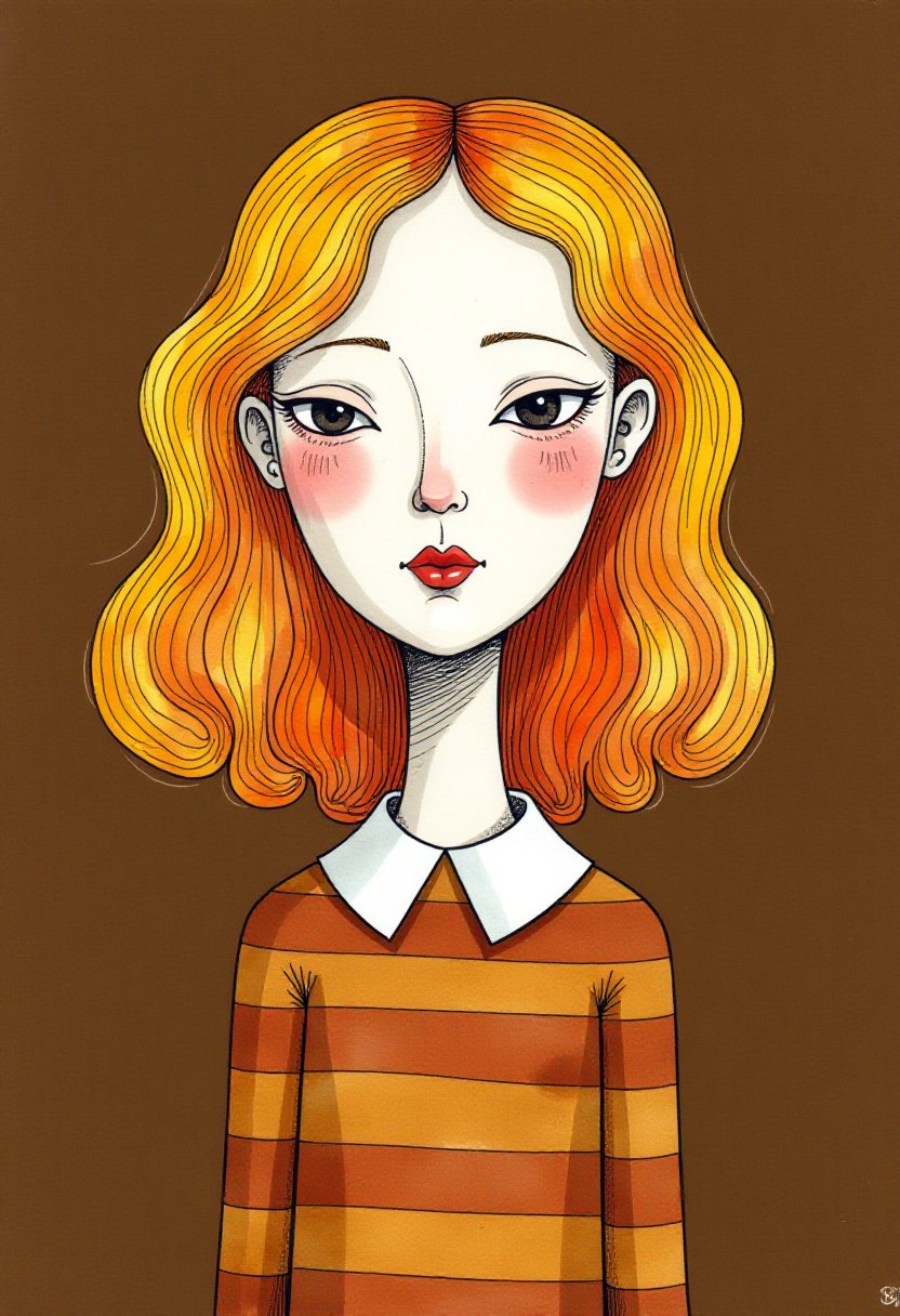 Stylized Illustration of a Girl with Red Hair and Orange Blouse