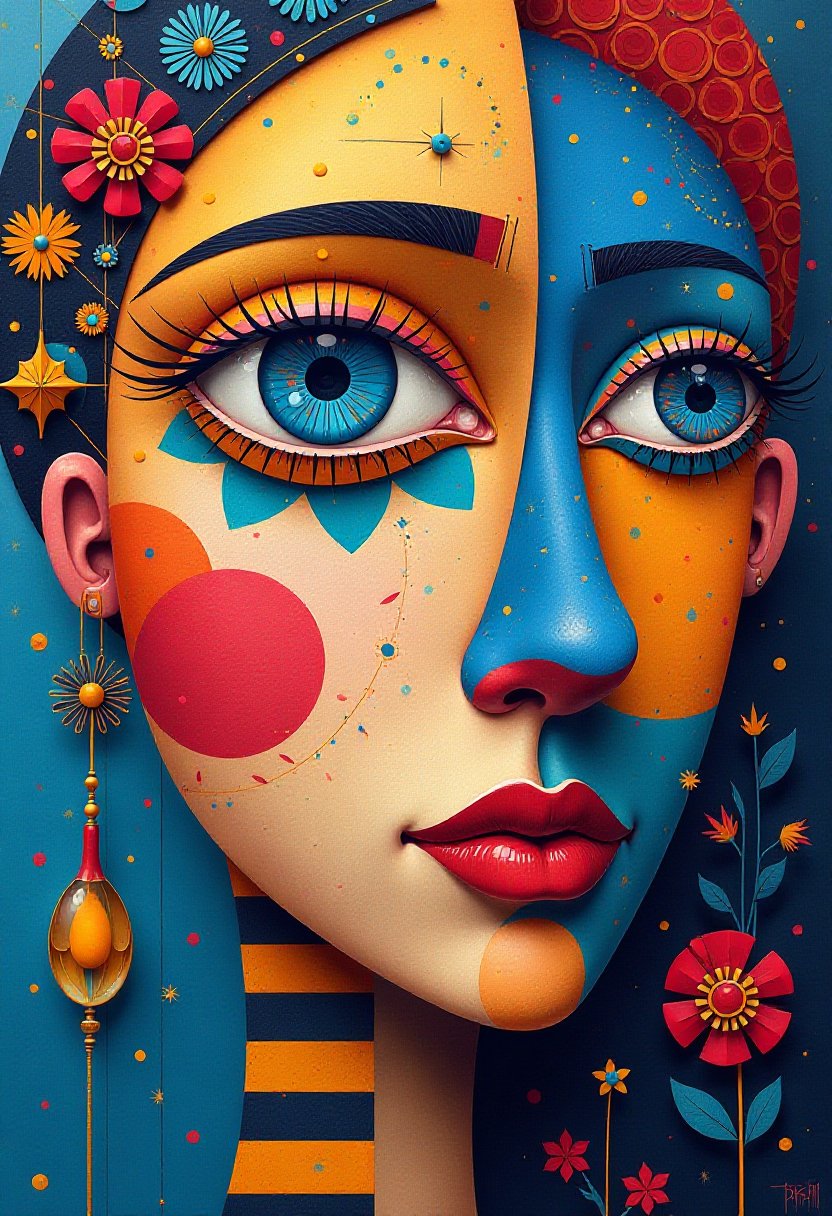 This image is a highly stylized and abstract representation of a human face, utilizing a vibrant and eclectic mix of patterns, colors, and shapes. The art style is reminiscent of surrealism, with a strong emphasis on cubism, as evidenced by the fragmentation and recombination of facial features.The medium appears to be digital painting, given the smooth blending of colors and the lack of texture that one might expect from traditional painting mediums like oil or acrylic. The use of digital tools allows for a greater level of control over the intricate details and the seamless integration of various elements.The colors are rich and varied, with a predominance of blues, reds, yellows, and purples. These colors are used in a way that creates a sense of depth and contrast, with lighter and darker shades playing off each other to give the piece a threedimensional effect. The use of complementary colors colors that are opposite each other on the color wheel adds to the visual interest, creating a dynamic and somewhat chaotic aesthetic.The objects in the image are primarily abstract representations of facial features. The eyes are the most prominent, with one eye in the center appearing to be the focal point. It is detailed with a pattern of concentric circles and a variety of shapes that give it a complex and almost mechanical appearance. The other eye is to the right, with a similar pattern but a different color scheme, which adds to the sense of depth.The nose is depicted as a series of curved lines and shapes that suggest a sense of movement and fluidity. The mouth is represented by a series of overlapping shapes and lines that give it a sense of depth and complexity.The rest of the face is filled with an assortment of patterns and shapes, including stripes, checks, and floral motifs. These elements are applied in a seemingly random yet harmonious manner, creating a tapestry of color and form that envelops the viewer.Overall, the image is a celebration of color, form, and texture, with a strong emphasis on the interplay between these elements to create a visually stimulating and thoughtprovoking piece of art.