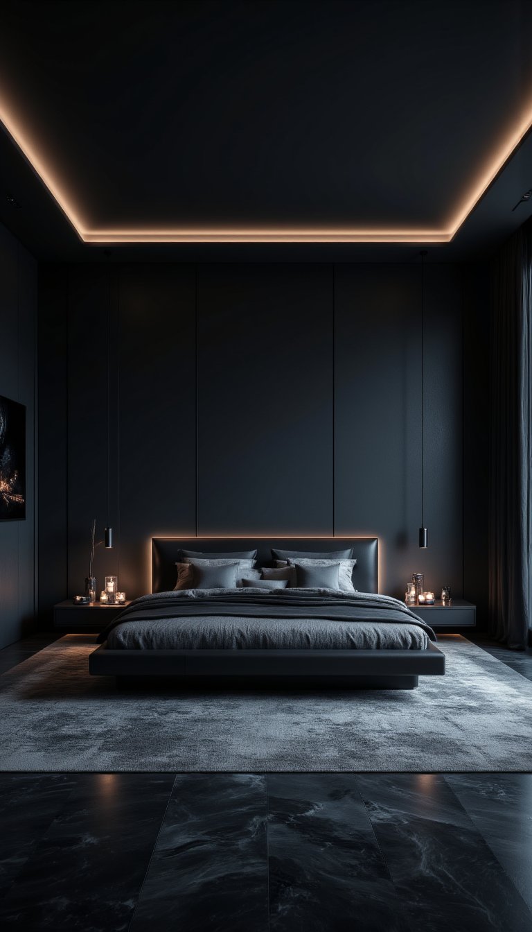 Modern Bedroom with Black Headboard and Grey Carpet