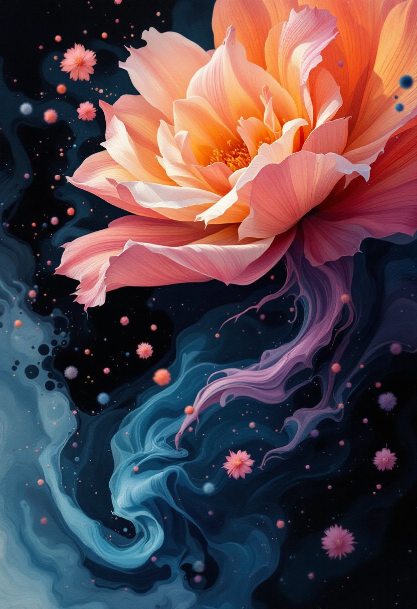 Vivid Flower Painting with Pink and Orange Hues and Blue Background