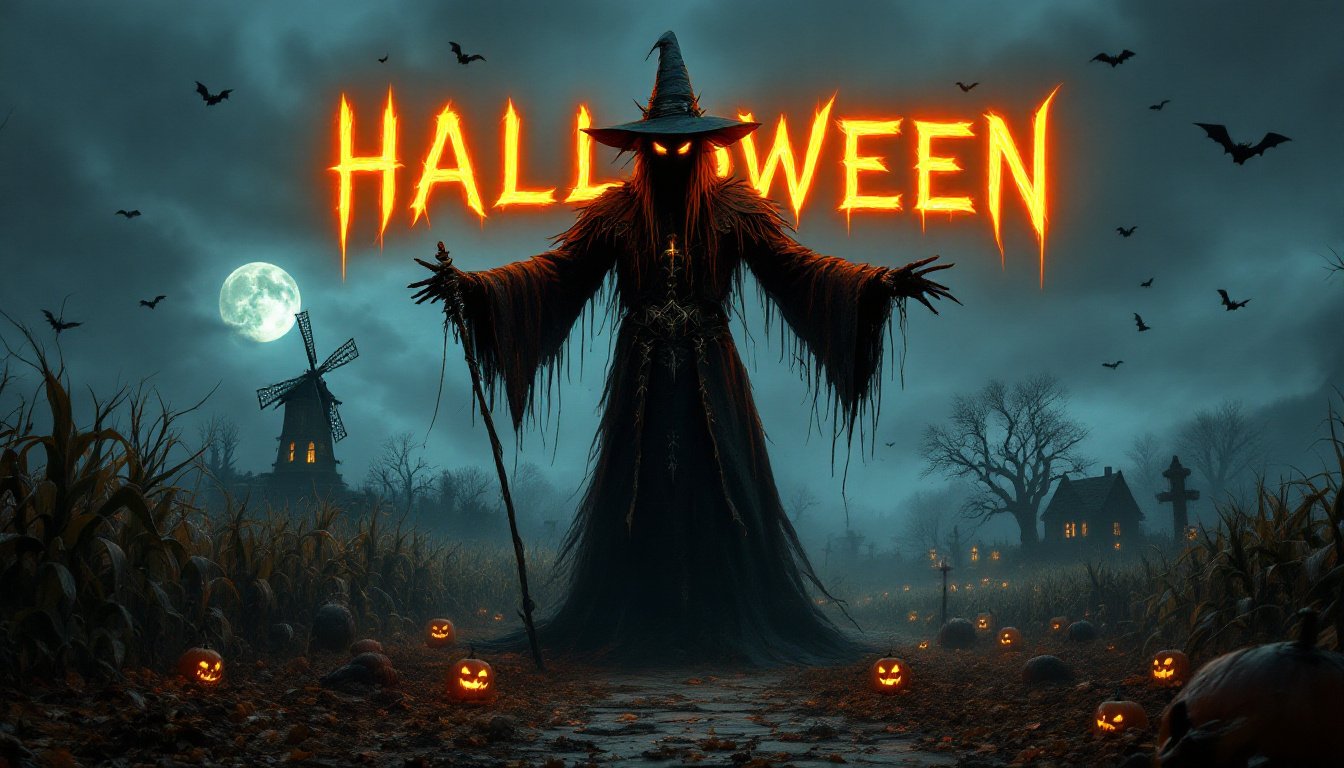 Prompt: A massive orange glowing ominous sign that reads "HALLOWEEN" looms overhead., Create a highly cinematic, dramatic, and eerie surreal Halloween scene. At the center stands a towering scarecrow dressed in a dark, medieval-style outfit, complete with a wide-brimmed hat, glowing eyes, and holding a menacing wand adorned with pointed head spikes. Surrounding the figure, a cursed cornfield populated by eerie, small figures, spiders weaving webs across glowing cauldrons, lanterns flickering in the wind, and pumpkins scattered throughout. 

In the background, a haunted windmill turns slowly beside a dilapidated house with lit windows, and a distant cemetery shrouded in mist. The night is stormy, with a full moon illuminating eerie clouds and dramatic landscapes. Bats fly overhead, casting shadows across barren trees with skull-like faces etched into the bark. A winding path leads toward the scarecrow, amplifying the sense of foreboding that fills the dark, moody atmosphere.

