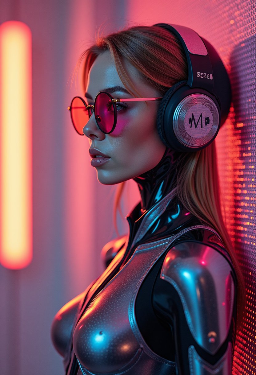 Futuristic Female Cyborg with Headphones and Pink Sunglasses