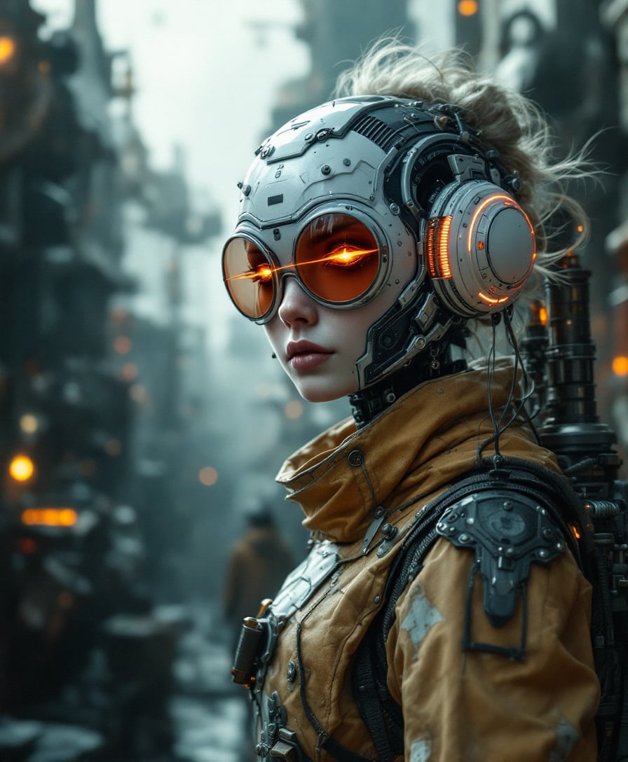 Futuristic Female Cyborg in Orange Goggles and Headset