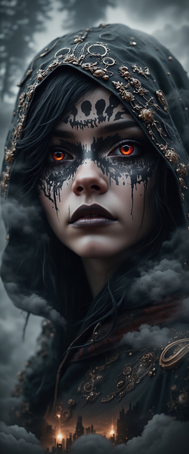 Gothic Female Character with Red Eyes and Skull Makeup