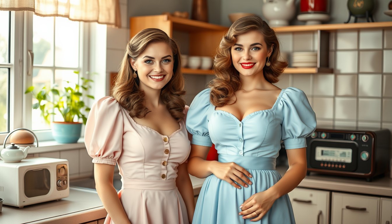 Create an image of two women in a kitchen setting, dressed in vintageinspired outfits with puffed sleeves and lowcut blouses. The woman on the left should be wearing a pale pink dress, and the woman on the right should be wearing a light blue dress. Both women should have their hair styled in 1950s pinup fashion, with soft waves and curls. The kitchen should have retro appliances and decor, including a vintage radio, a teapot, and a plant on the windowsill. The lighting should be warm and inviting, with natural light streaming in from the window. The overall mood of the image should be cheerful and nostalgic.