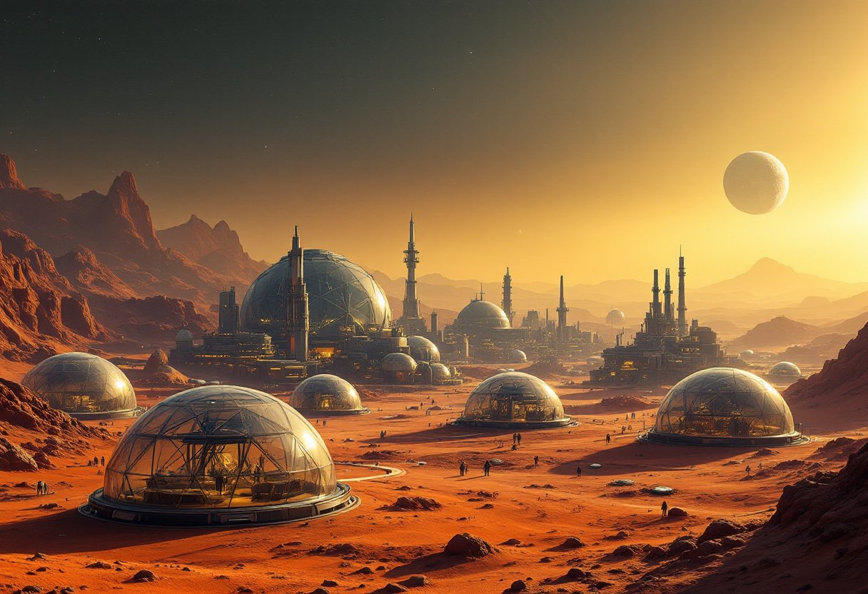 This image is a digital artwork that depicts a futuristic Martian colony. The art style is highly detailed and realistic, with a cinematic quality that brings the scene to life. The medium appears to be a digital painting, utilizing advanced rendering techniques to create a lifelike representation of the Martian landscape and structures.The colors in the image are rich and vibrant, with a warm, orangered tone dominating the Martian terrain. The sky transitions from a deep, dark blue to a golden yellow, suggesting either sunrise or sunset. This contrast between the warm Martian surface and the coolness of the sky creates a striking visual effect.The objects in the image are numerous and varied. In the foreground, there are several large, transparent geodesic domes, which are likely habitats for the colonists. These domes are detailed with intricate lines and patterns, giving them a hightech appearance. Inside the domes, lights can be seen, indicating that life is thriving within.In the middle ground, there are various buildings and structures, including observation towers, factories, and research facilities. These structures are also encased in transparent domes, allowing the Martian landscape to be visible from within. The domes are connected by a network of roads and walkways, with vehicles and figures moving between them, suggesting a bustling, active colony.In the background, the Martian landscape stretches out, with undulating hills and mountains. The red dustcovered terrain is dotted with rocks and boulders, and the occasional green plant can be seen, indicating the presence of life on the planet. Above the colony, there are spaceships and aircraft, some landing and others taking off, signifying the advanced technology and transportation capabilities of the Martian civilization.Overall, the image conveys a sense of wonder and exploration, capturing the imagination with its depiction of a thriving, advanced Martian colony. The attention to detail and the use of vibrant colors and realistic lighting techniques make this a captivating and immersive visual experience.