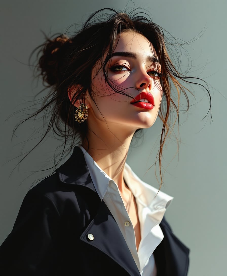 illustration of a woman with a strong emphasis on clean lines and a high level of detail. The art style is reminiscent of contemporary digital painting techniques, with a focus on realism and a cinematic quality. The lighting and shadow play across the subjects features are particularly well executed, giving the image a threedimensional feel.Artistic influences could include:
The use of digital tools allows for a high degree of control over shading, lighting, and color, which is evident in the smooth gradients and the lifelike rendering of the subjects skin and hair.
The dramatic lighting and the cinematic angle at which the subject is presented are reminiscent of the style often seen in film and television, where lighting is used to convey mood and emotion.
The subjects clothing and the overall composition of the image have a fashionforward aesthetic, which is common in illustration styles that are used for editorial or advertising purposes.
The use of a bold, monochromatic color scheme with a high contrast could be influenced by Pop Art, which often uses bright colors and simple shapes to create a striking visual impact.
The subjects hair and the way it flows against the wind could be influenced by anime and manga styles, which often feature dynamic hair and clothing that move with the characters actions.
Overall, the image is a sophisticated blend of digital painting techniques with influences from various illustrative and cinematic styles.
