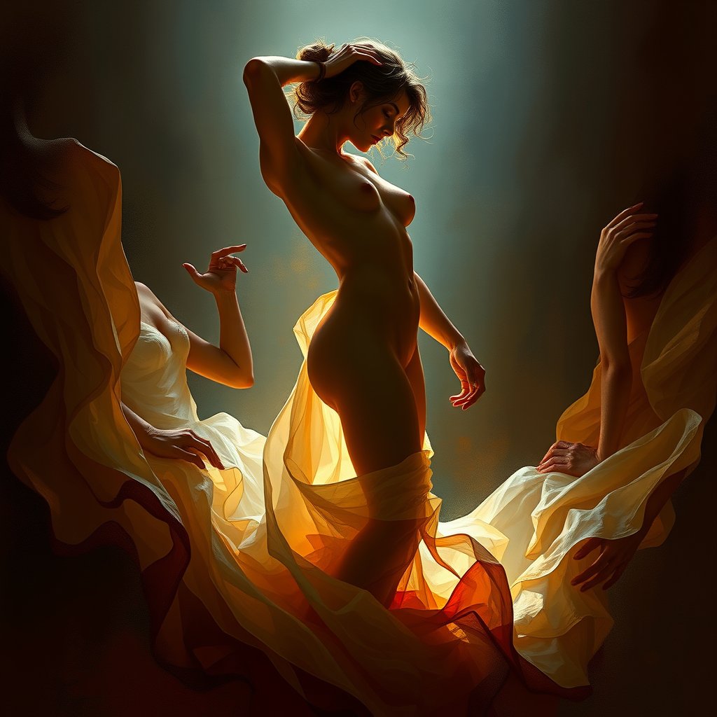 Erotic Art Nude Woman in a Dramatic Pose with Yellow Drapery