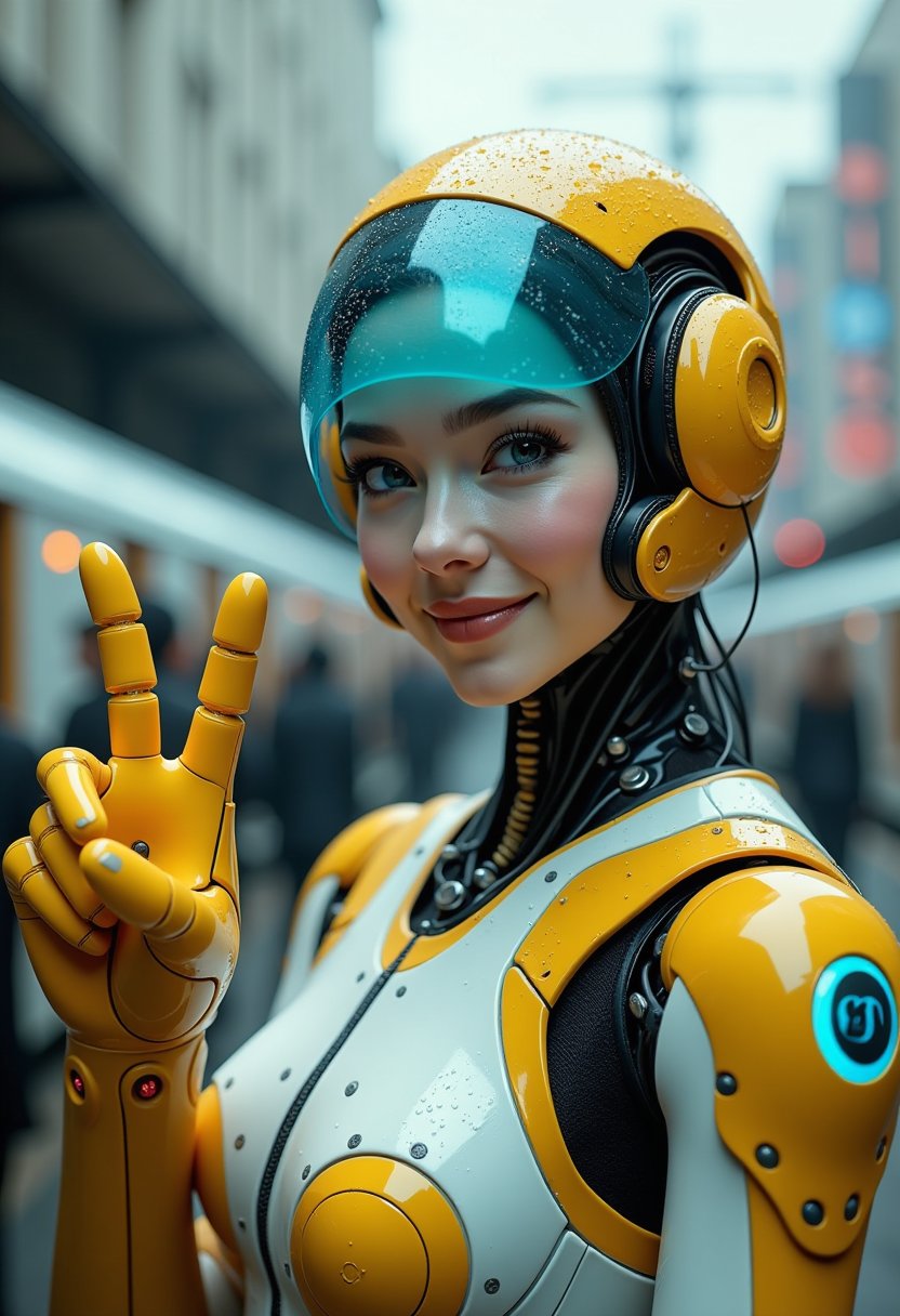 Futuristic Female Robot with Peace Sign and Headphones