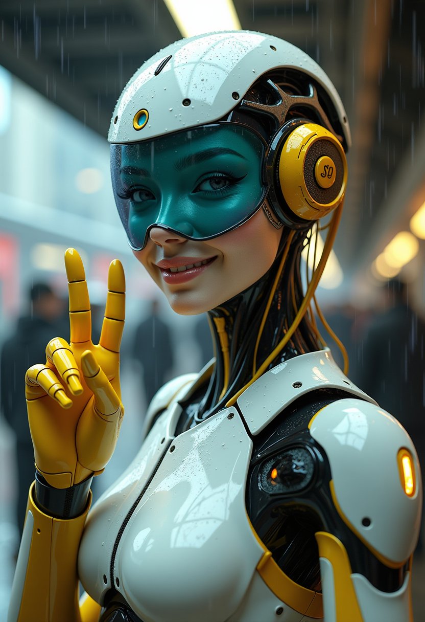 Futuristic Robot with Blue Mask and Yellow Headphones