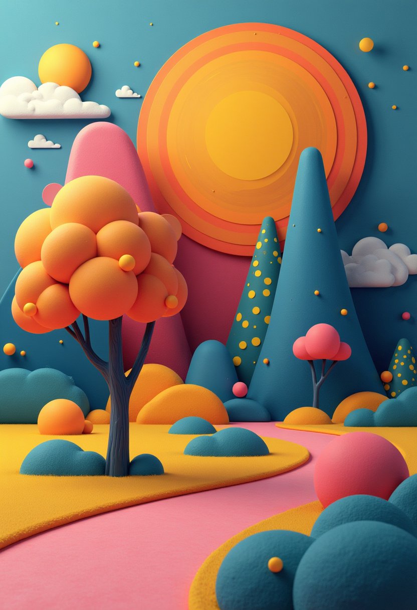 Vibrant 3D Illustration of a Fantasy Landscape with Colorful Trees and Clouds