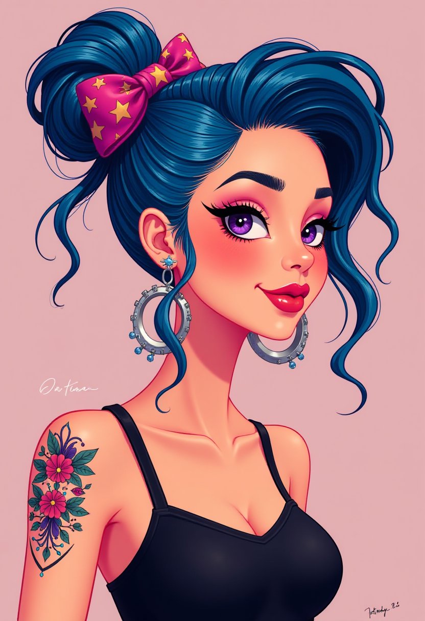 This image is a digital illustration that showcases a stylized female character with exaggerated features and a pop art influence. The art style is characterized by its bold lines, vibrant colors, and a playful, almost whimsical aesthetic.The medium appears to be digital painting, as evidenced by the smooth blending of colors and the lack of texture that might be present in traditional mediums like oil or acrylic paints. The use of lighting and shadow in the image gives it a threedimensional quality, which is often achieved through careful layering and shading in digital painting.The colors are bright and saturated, with a predominance of blues, purples, and pinks. These colors are complemented by the characters skin tone, which is a soft, warm peach. The contrast between the cool tones of the hair accessory and the warm tones of the skin creates a visually striking effect.The objects in the image include1. The characters hair, which is styled in an elaborate updo with strands of hair sticking out in various directions. It is adorned with a large, colorful bow that adds a playful touch to the overall look.2. The characters earrings, which are large hoop earrings with a star design, adding a touch of glamour and modernity.3. The tattoo on the characters left shoulder, which is a detailed and intricate design with floral and geometric elements, suggesting a sense of rebellion or personal expression.4. The characters clothing, which is a simple black tank top, allowing the focus to remain on the characters expressive features and accessories.