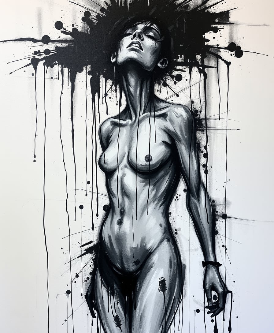 Black and White Graffiti Art of a Woman with Drops of Paint