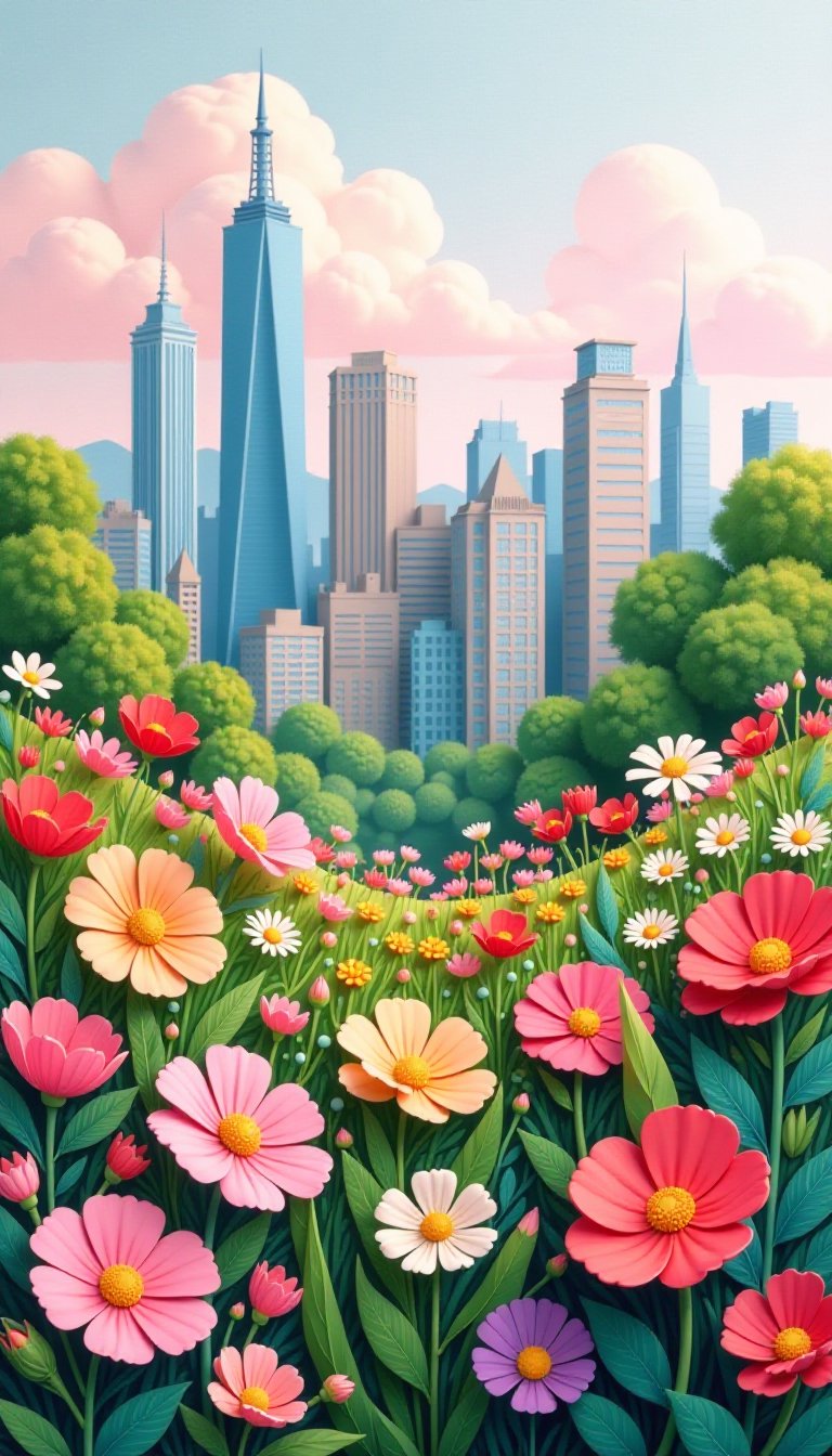 Vibrant City Skyline Surrounded by Flower Fields