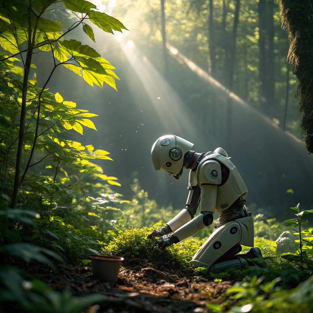 AI robot amidst vibrant foliage, gently placing seeds in a rich green forest, sunlight streaming down, soft shadows and reflections, lush vegetation all around, calm and serene atmosphere, ultra-realistic detail.