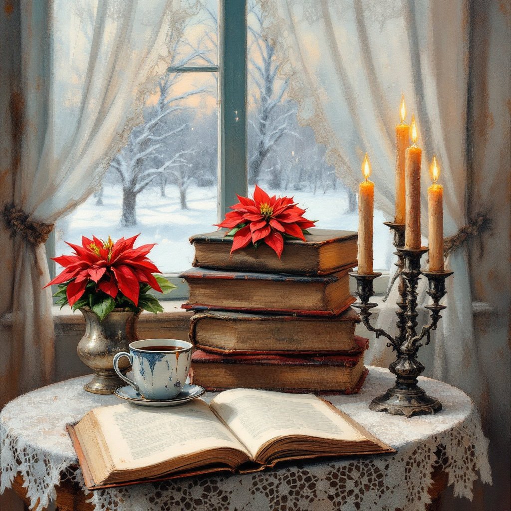 oil painting, soft brush strokes, alcohol ink, a stack of worn vintage books sitting on a table with a delicate lace tablecloth, on the table sits a potted poinsettia plant, lit candles with wax dripping on pewter candleholders, an open book sits on the table along with a mug of hot steaming coffee background is a window with lace curtains and a winter scene outside the window, ultra detailed