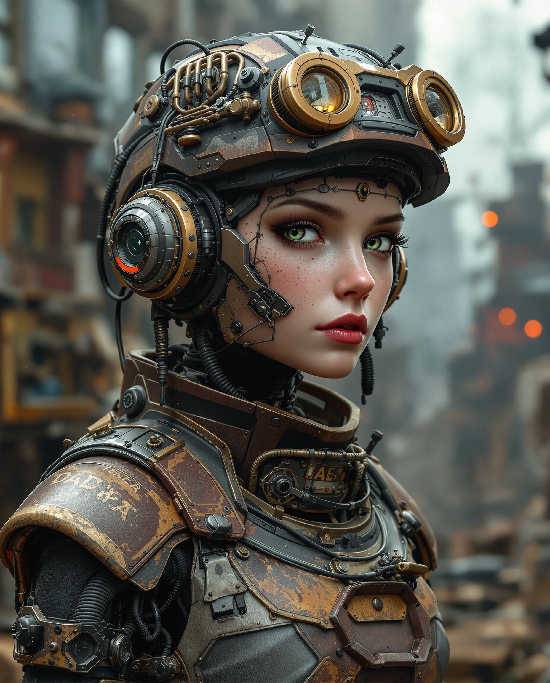 Steampunk Woman with Goggles and Mechanical Helmet