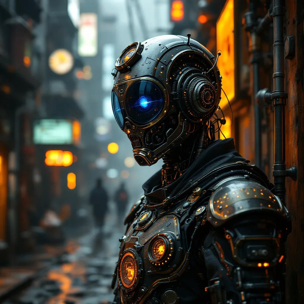 Cyberpunk Robot Futuristic Armor and Glowing Eyes in a Dark Alley