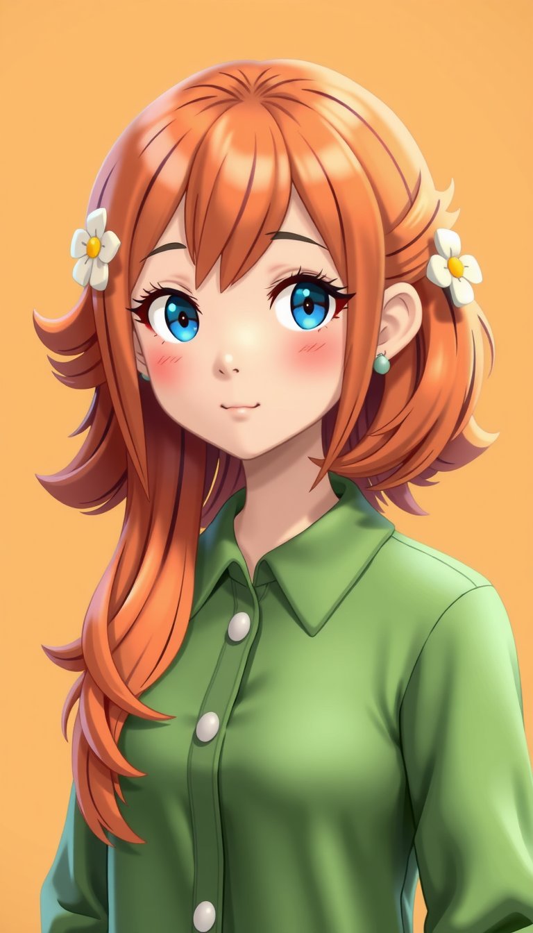 Stylized Anime Character with Orange Hair and Blue Eyes