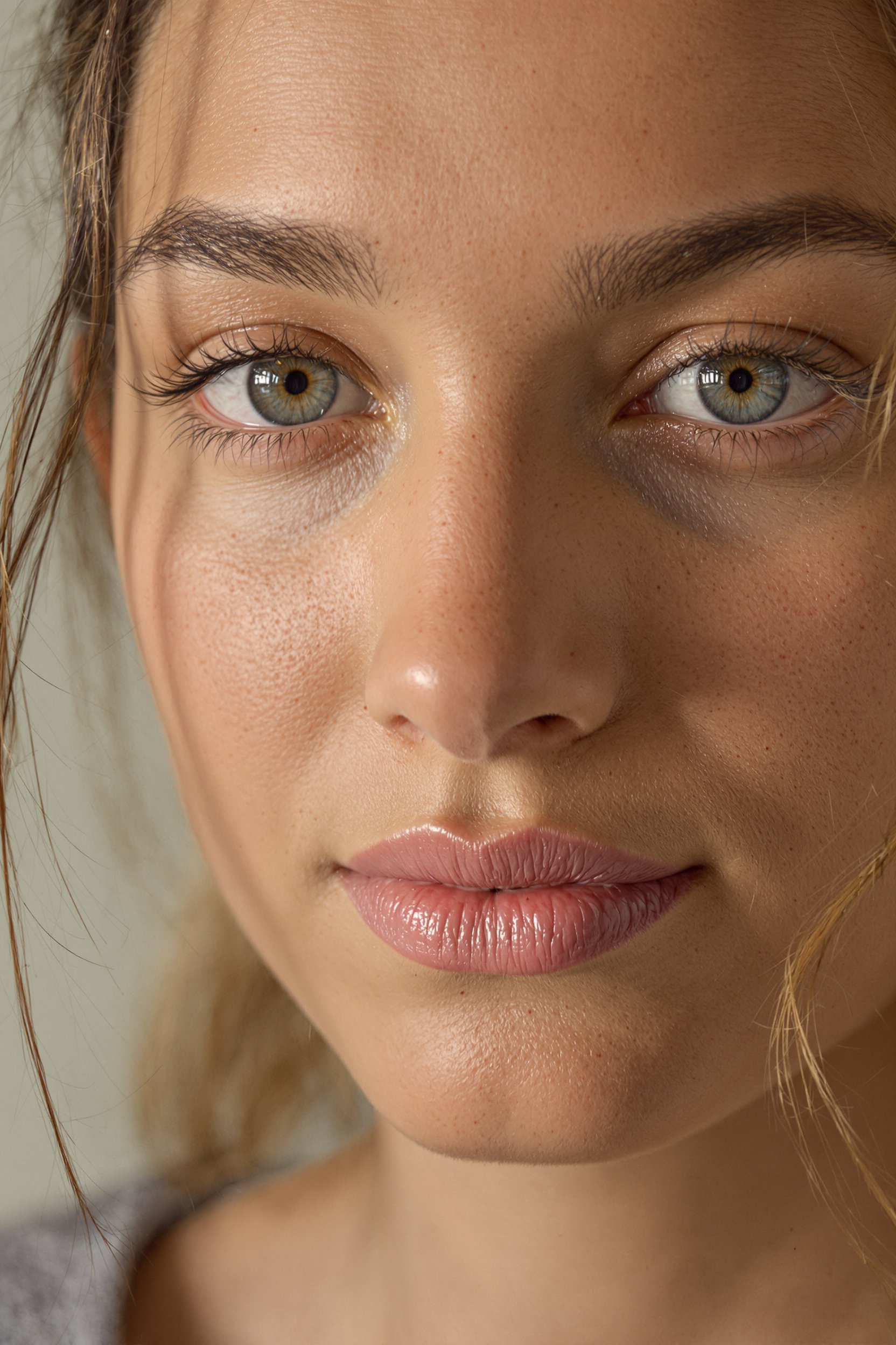 Closeup of a womans face with striking blue eyes and pink lips