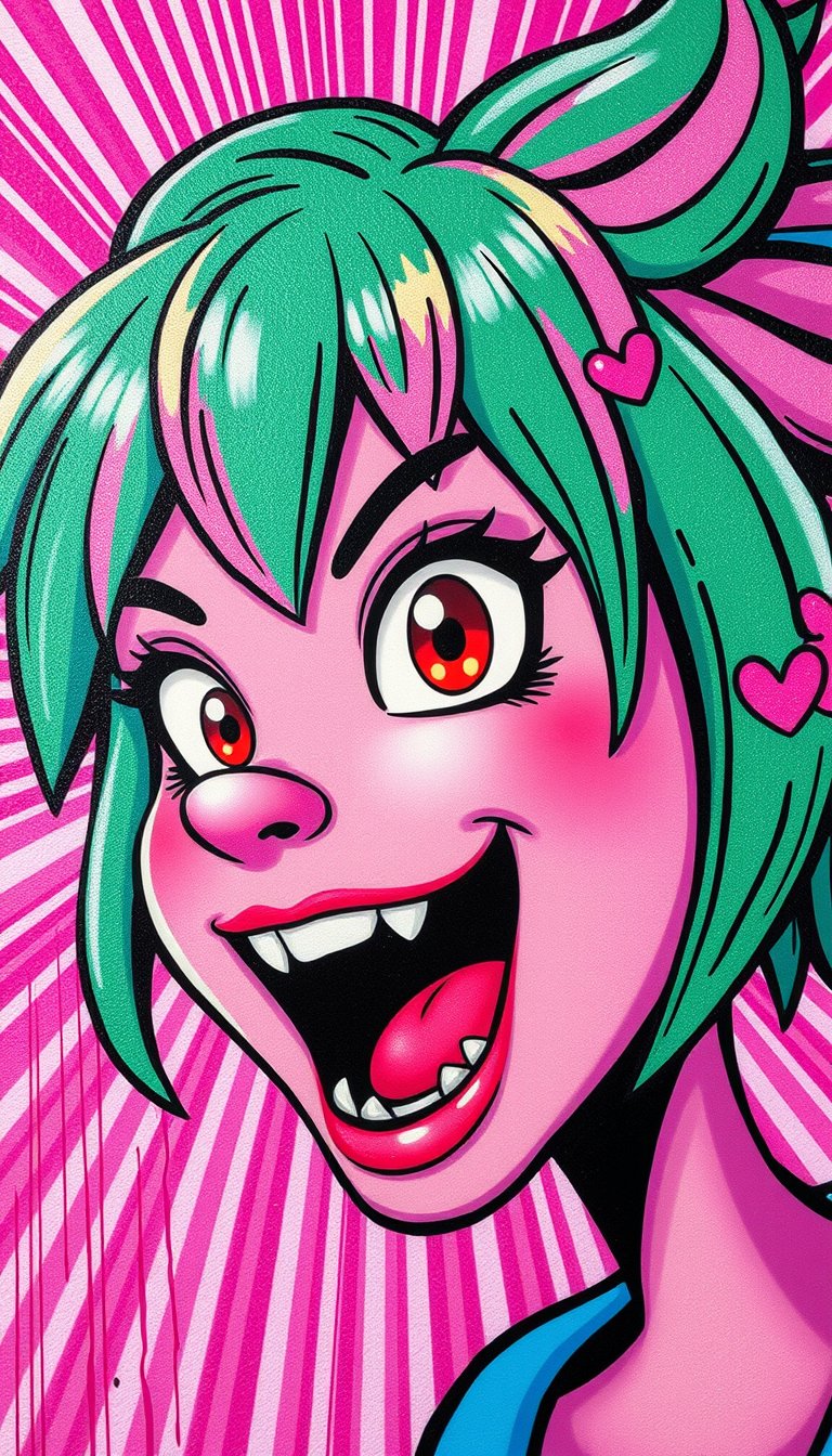 Vibrant Cartoon Character with Green Hair and Pink Background