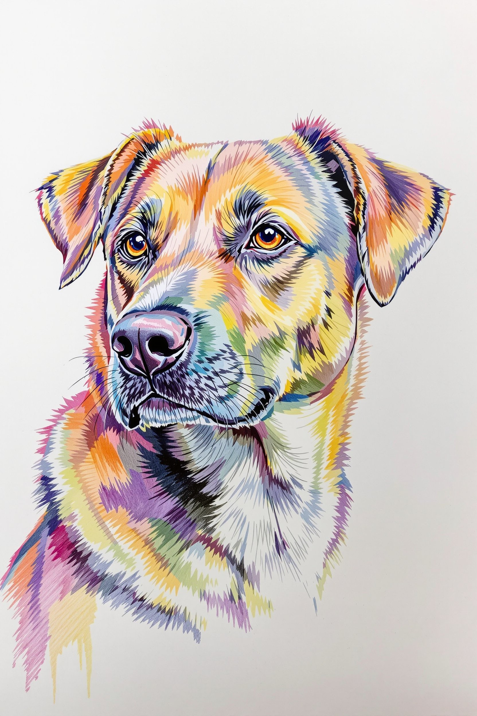 a color pencil drawing of a dog in the style of detailed penciling, precision drawing, heavy shading, colorful drawings, hyperrealistic pencil drawings 