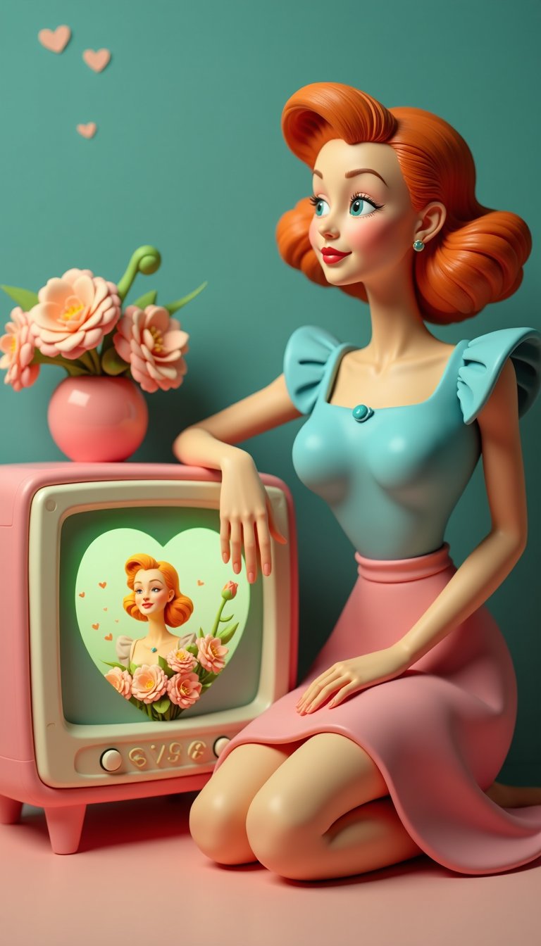 3D Animation Female Character with Red Hair and Pink Dress, Sitting Next to a Pink Television with a HeartShaped Screen