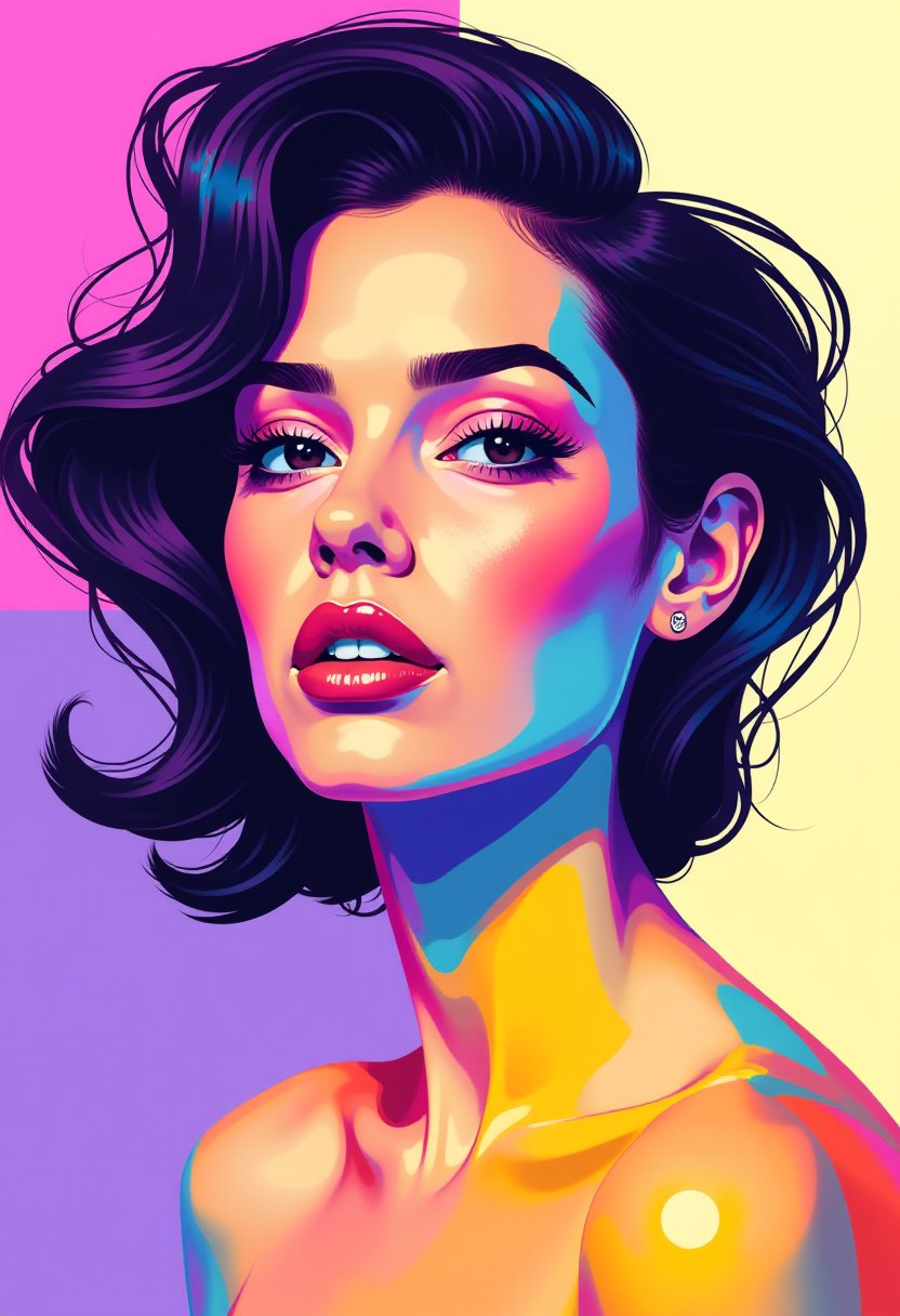 Digital artwork that utilizes a pop art style, characterized by its bold outlines, bright colors, and the use of recognizable subjects. The subject of the artwork is a person, whose face and upper torso are visible. The art style is highly stylized, with the subjects features abstracted into geometric shapes and blocks of color. The use of color is vibrant and varied, with a clear emphasis on purples, blues, yellows, and pinks. These colors are applied in a way that creates a sense of depth and dimension, with lighter and darker shades used to highlight and shadow the subjects features. The subjects hair is depicted in flowing, abstract shapes that suggest movement, with a gradient of colors that transition from warm to cool tones. 
The background of the artwork is minimalistic, with a gradient of purples and blues that fades into white, creating a sense of space and focusing the viewers attention on the subject. The artwork exudes a sense of energy and creativity, with its bold use of color and abstract representation of the subject. It is a modern and dynamic piece that celebrates the vibrancy and diversity of human expression.
