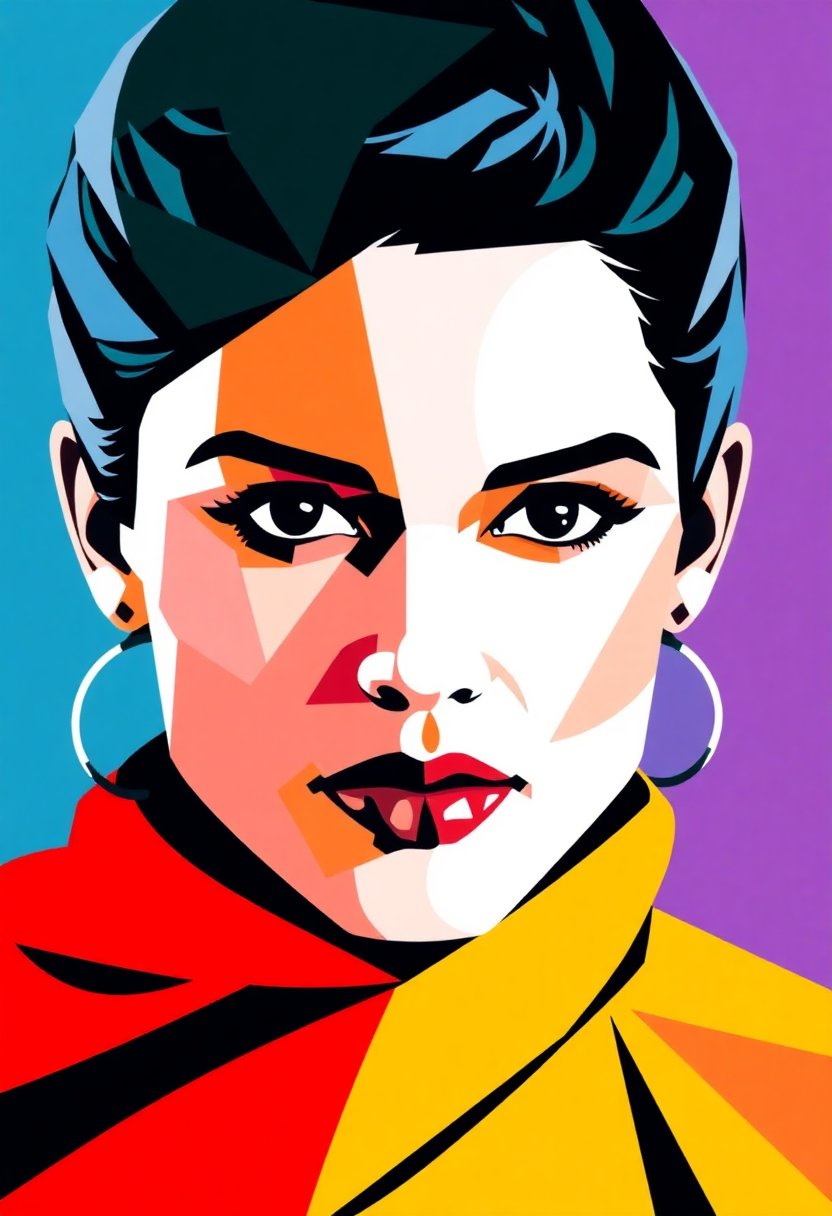 The image showcases a style of art that is characterized by geometric abstraction, using a mosaic of sharp, angular shapes to create a stylized representation of a subject. This technique is reminiscent of pop art, which often uses vibrant colors and recognizable subjects to create a bold, graphic aesthetic.The use of bright, saturated colors and the fragmentation of the subjects features into geometric shapes are indicative of pop art influences. The style is also somewhat reminiscent of Op Art, which uses optical illusions and patterns to create a playful, illusionistic effect. The bold outlines and the use of contrasting colors are typical of Op Art, as well as pop art, to draw the viewers eye and create a sense of movement and energy within the piece.Overall, the image combines elements of pop art and Op Art to create a vibrant, dynamic, and abstract representation of a subject.