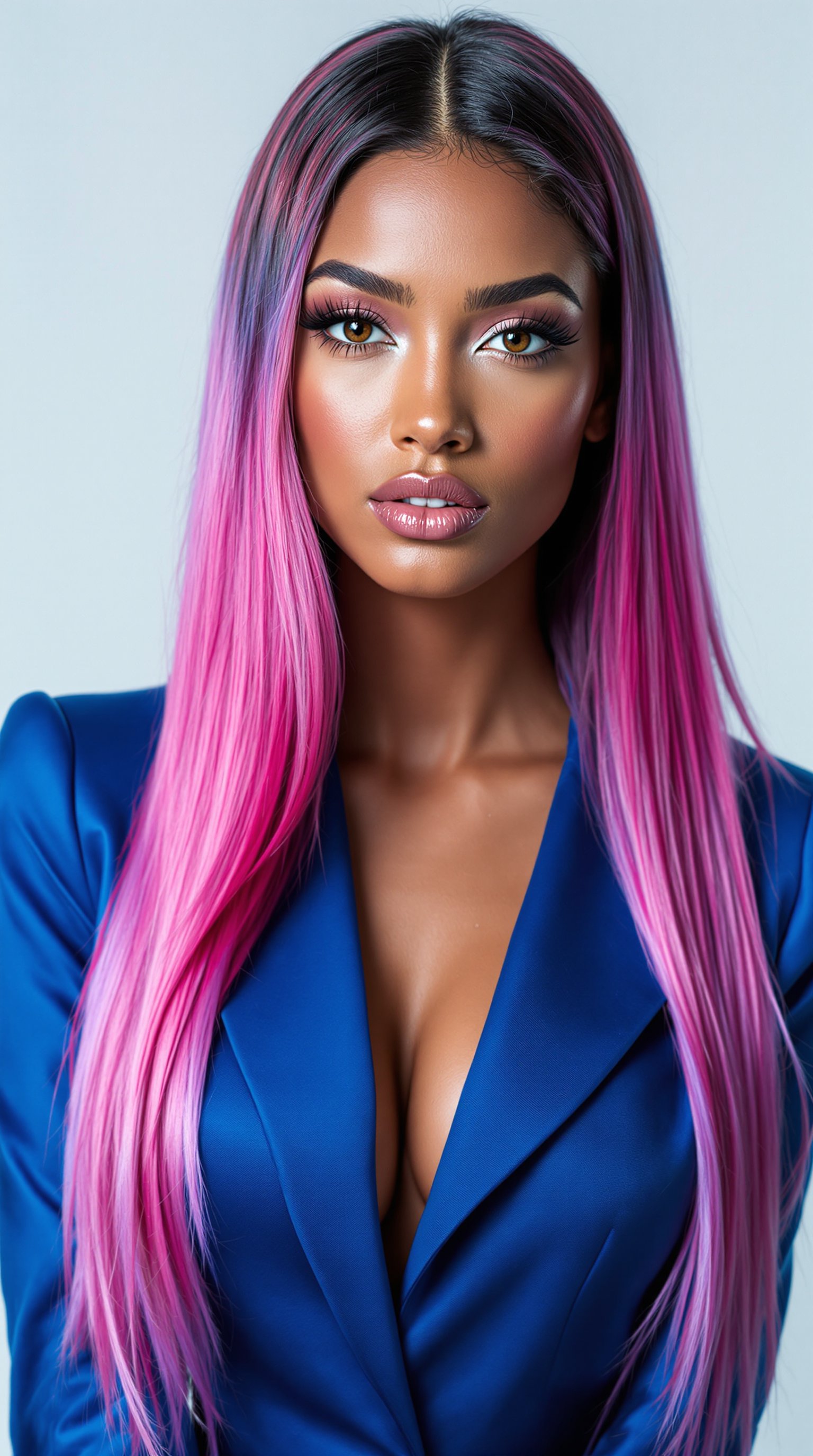 Create a high-resolution professional photograph of a female model shot from the waist up. She has a strikingly beautiful face with expressive eyes and a delicate nose, complementing her light brown skin and full lips. Her hair is a striking combination of pink and purple shades, long, straight, and glossy, cascading elegantly down. The model wears a modern blue outfit that adds a sophisticated touch. She gazes directly at the viewer, creating an engaging connection. The background is a bright white studio setting, illuminated by bright studio lighting, emphasizing her features with precision. Ensure the composition captures her confident and captivating presence, reflecting a modern aesthetic.