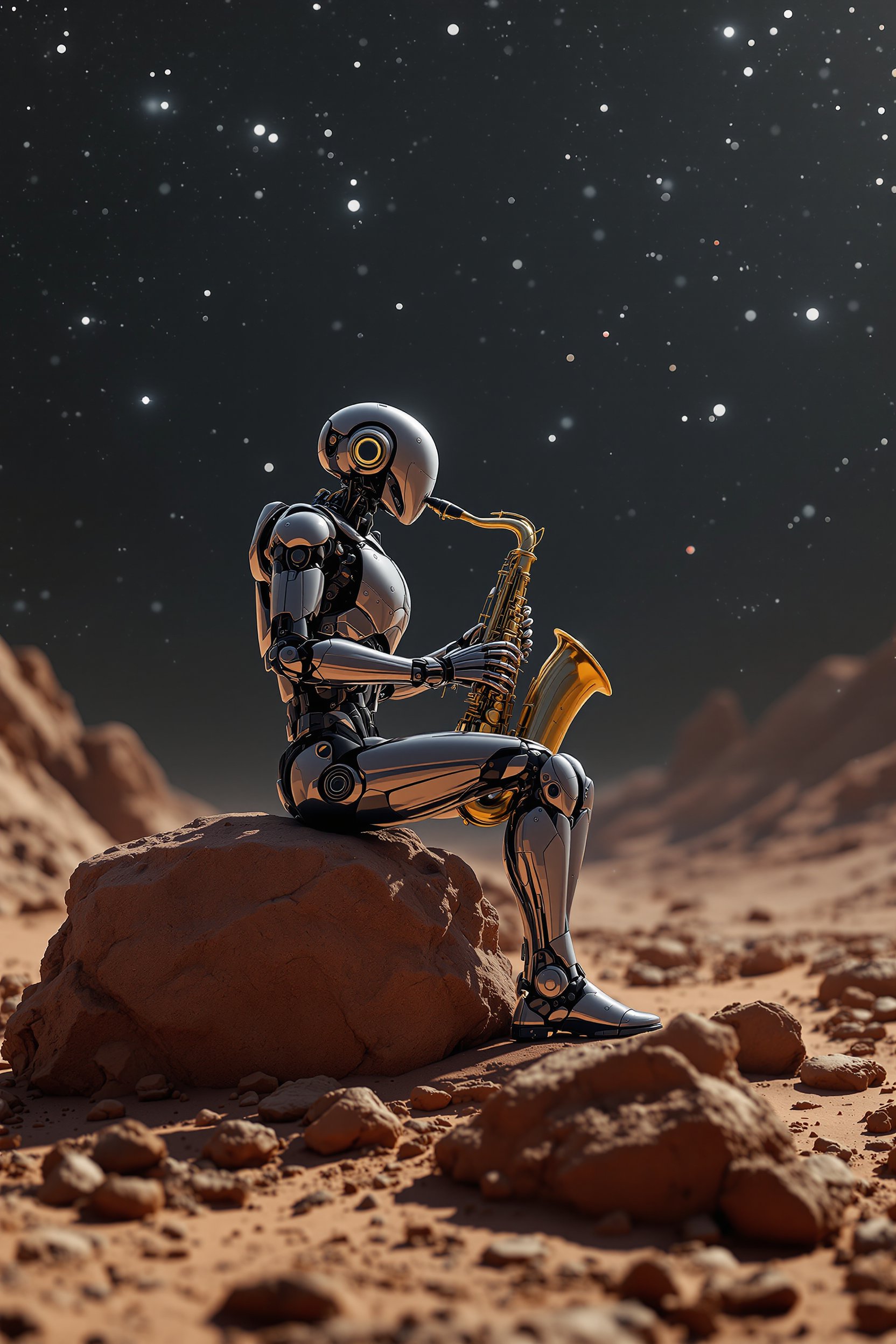 3D render of a solitary AI robot passionately playing the saxophone on a rock,on the barren and rocky surface of Mars' moon, Deimos, under the vast expanse of space. The scene is bathed in dramatic, cinematic lighting that accentuates the metallic sheen and intricate components of the robot, reflecting off the saxophone's polished brass. The composition captures an elevated camera angle that frames the robot in the foreground while showcasing the rugged, cratered landscape and star-studded cosmic backdrop. A hyper-realistic style brings out ultra-detailed textures and depth, enhanced by an 8k resolution that immerses the viewer in this otherworldly setting. The mood is contemplative, evoking a sense of solitude and wonder as the soft, ambient lighting from distant stars casts ethereal shadows across the scene, amplifying the science fiction atmosphere.