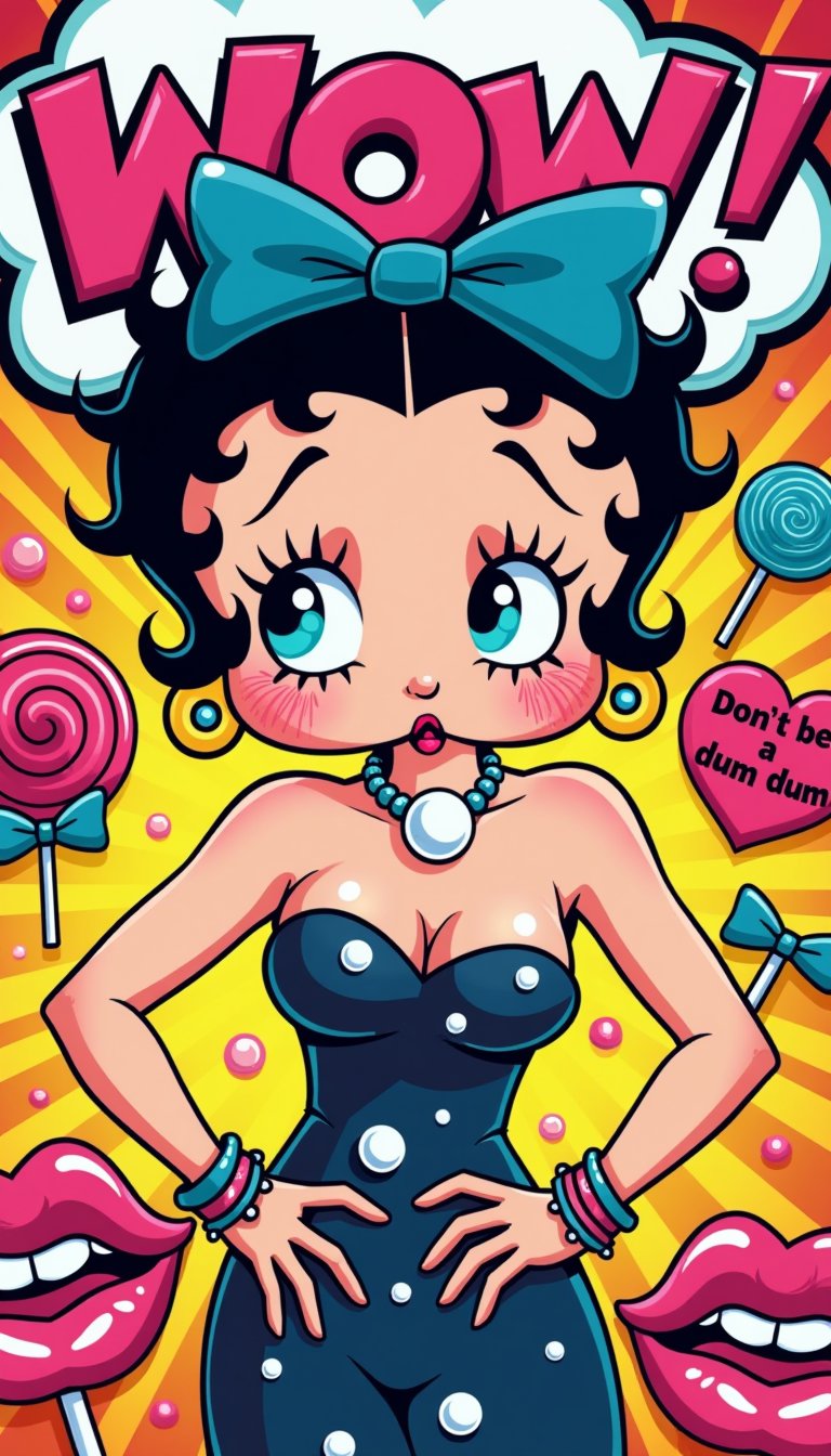 Stylish Cartoon Character with Blue Bow and Pink Lollipop, Exuding Confidence and Charm