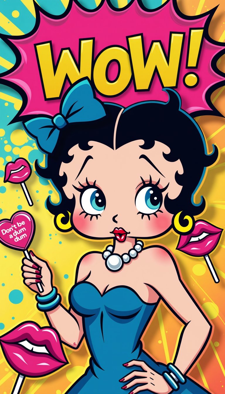 Wow Cartoon Girl with Heartshaped Lollipop and Surrounded by Lips