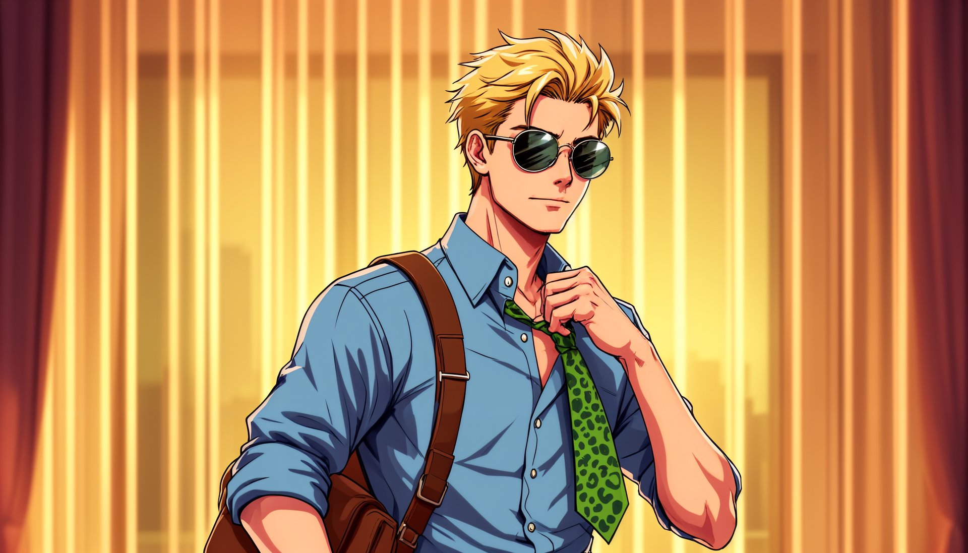 masterpiece, best quality, highres, sharp image, more detail, Create an animestyle illustration of a blond male character in a contemplative pose. He is wearing a blue buttonup shirt with rolledup sleeves and a brown messenger bag slung over his shoulder. His right hand is adjusting a green tie with a leopard print pattern, while his left hand is partially visible. The character is wearing a pair of round, reflective sunglasses with a metallic frame. The background is a warmly lit interior with vertical blinds and a glimpse of a window showing a cityscape. The overall atmosphere is calm and introspective.