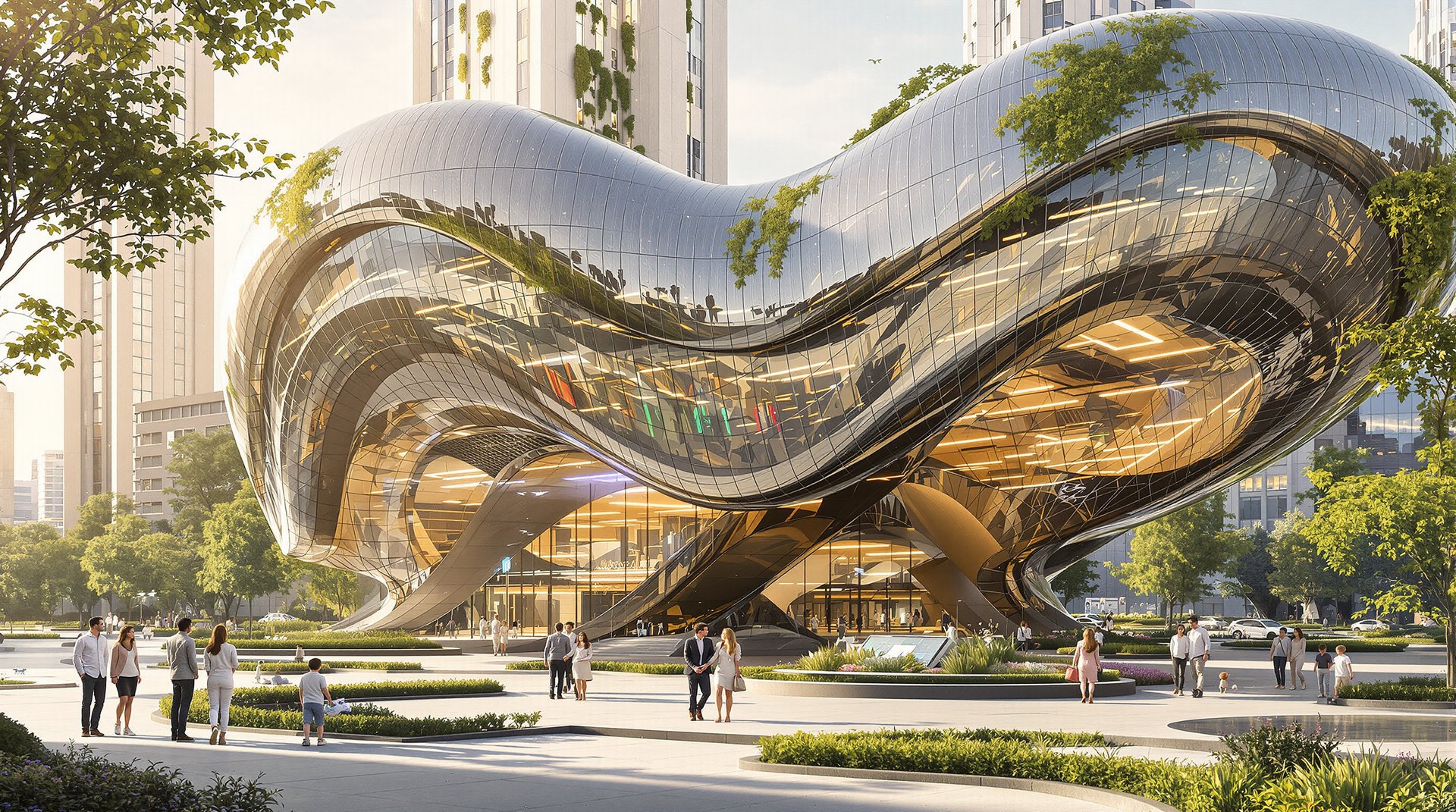 Modern Architecture Curved Glass Building with Reflective Surface