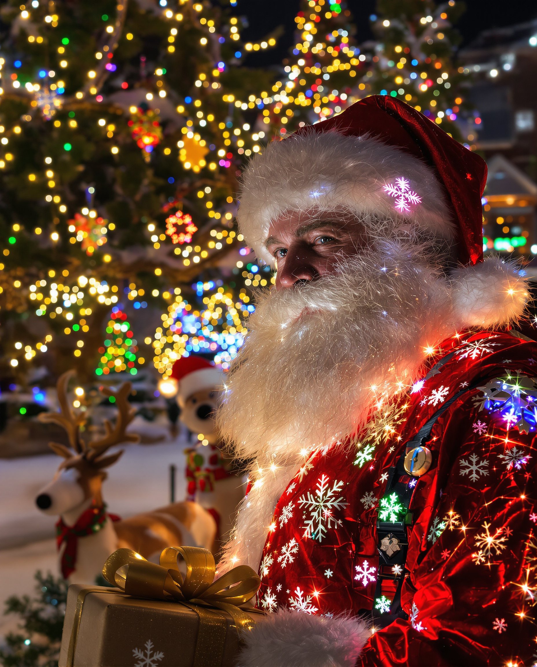 He is very handsome, delivering Christmas gifts in a town beautifully lit with festive lights. Santa wears a beautiful Christmas hat, with intricate details and textures clearly visible. His hat features gorgeous glowing lights, twinkling with delightful brilliance. Wisps of mist-like clouds adorn his beard. He is dressed in a Christmas robot suit featuring complex luminescent patterns, with beautiful snowflakes printed on it. Nearby, there are many Christmas trees adorned with colorful lights that emit a wonderful glow, while snowflakes on the trees dance and swirl elegantly. A group of lovely little reindeer accompanies him by his side.