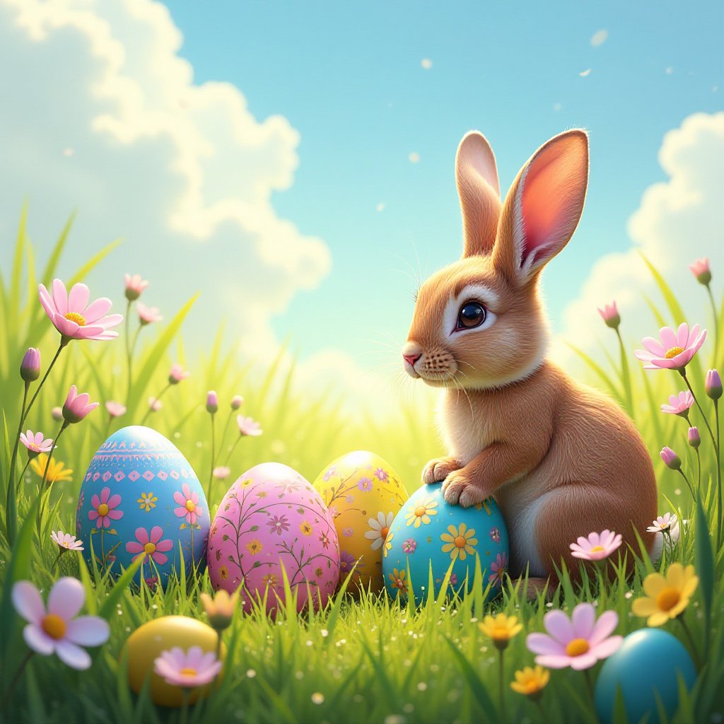 A vibrant and joyful Easter scene set in a sunlit meadow, featuring a variety of colorful Easter eggs artistically decorated with intricate patterns and floral motifs. The eggs are nestled among lush green grass and blooming wildflowers, with soft golden sunlight illuminating the scene, creating warm highlights and gentle shadows. In the background, a clear blue sky dotted with fluffy white clouds enhances the cheerful atmosphere. A whimsical bunny, with soft fur and a playful expression, is seen carefully hiding some of the eggs, adding a touch of charm. The composition captures a sense of celebration and renewal, evoking the spirit of springtime festivities. The artistic style is a blend of realism and impressionism, focusing on the vibrant colors and delicate details of the natural environment.