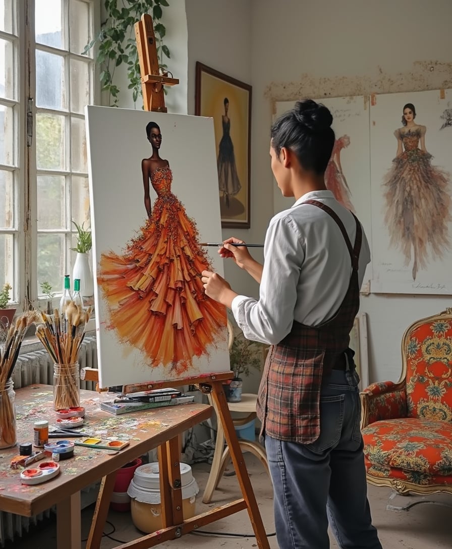 Artist Painting Dress on Canvas in Studio