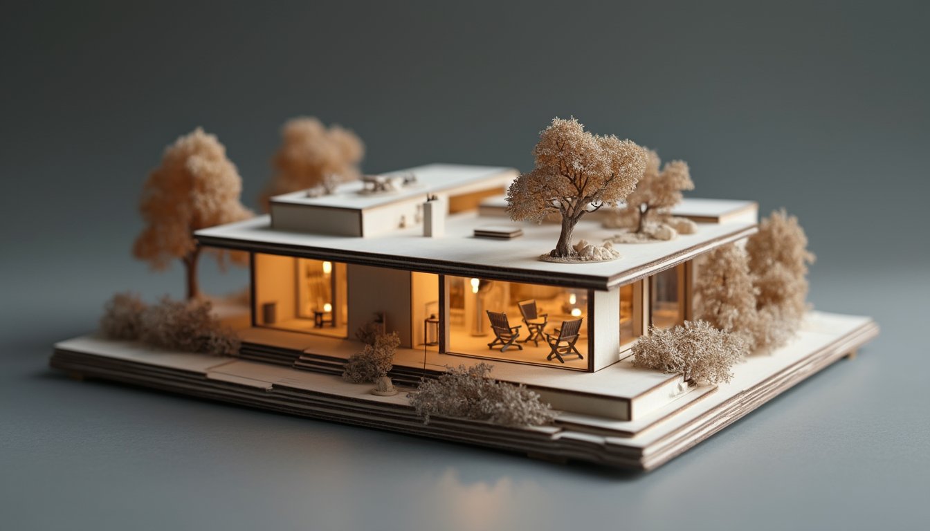 3D Model of a Modern House with Trees and Lights